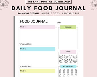 Daily Food Journal, Printable Daily Food Journal, Daily Food Planner, Food Diary, Meal Journal, Meal Tracker, Calorie Tracker, Food Planner