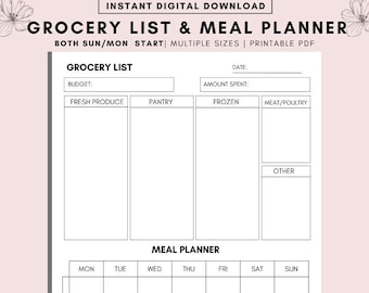 Weekly Meal Planner & Grocery List: Family Menu, Fitness, A4/A5/US Letter (Digital Download)