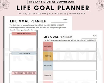 May include: Printable life goal planner with a pink, blue, and yellow color scheme. The planner has sections for physical, mental, financial, spiritual, social, occupational, intellectual, and environmental goals. The text on the planner says "You don't have to worry what your life will look like. You get to decide!" and "You don't have to worry what your year will look like. You get to decide!"