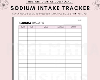 Printable Sodium Intake Tracker, Sodium Intake Log, Sodium Symptoms & Treatments, Meal Planner,  Sodium Intake Tracker Printable