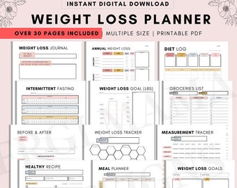 Weight Loss Planner: Fitness, Meal & Body Measurement Tracker (PDF Digital Download)
