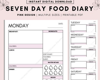 WEEKLY Daily Food Diary Printable, A4 A5 Printable Daily Food Journal, Minimalist Daily Calorie Tracker, Daily Calorie Counting, Food Diary