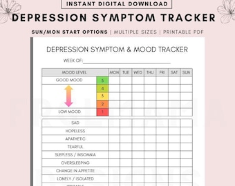 Depression Symptom & Mood Tracker, Depression Tracker, Mood Tracker, Symptom Tracker, Weekly Tracker Printable, Mental Health