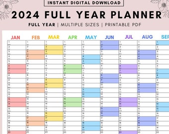 Calendario de año completo 2024, Planificador mensual 2024, Calendario anual arco iris 2024, Calendario imprimible, Planificador de pared 2024, Calendario de pared 2024,