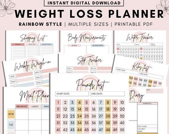 DO DRUKU Rainbow Weight Loss Journal Planner, Cyfrowy Tracker Utraty Wagi, Tygodniowe Ważenie, Tracker Pomiarów, Codzienny Wykres Ćwiczeń