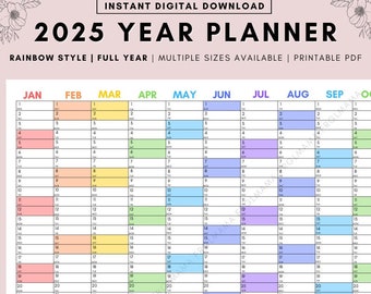 2025 Year Planner - Yearly Planner on 1 Page Landscape, Vertical Planner Calendar, Minimalistic Calendar Printable, Year Planner, A3,A4,A5