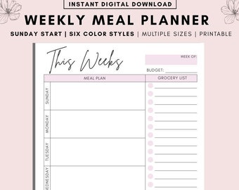 Weekly Meal Planner & Grocery List Printable PDF, Digital Download Meal Planner, Meal Prep, Printable Meal Planner, Weekly Menu Planner