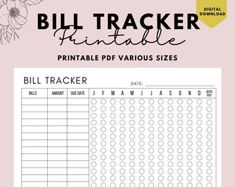 Puede incluir: Un rastreador de facturas imprimible con un diseño en blanco y negro. El rastreador tiene columnas para facturas, cantidad, fecha de vencimiento y una cuadrícula de calendario para cada mes del año. El texto "BILL TRACKER" y "INSTANT DOWNLOAD" está impreso en la página.