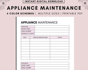Appliance Maintenance Log: Home Organization Printable (A4 A5 Letter PDF)