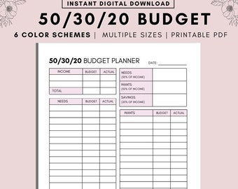 50/30/20 Budget Overview Template Printable, Monthly Budget Planner 50/30/20 Rule, Income & Expense Money Management Worksheet, Cash Flow