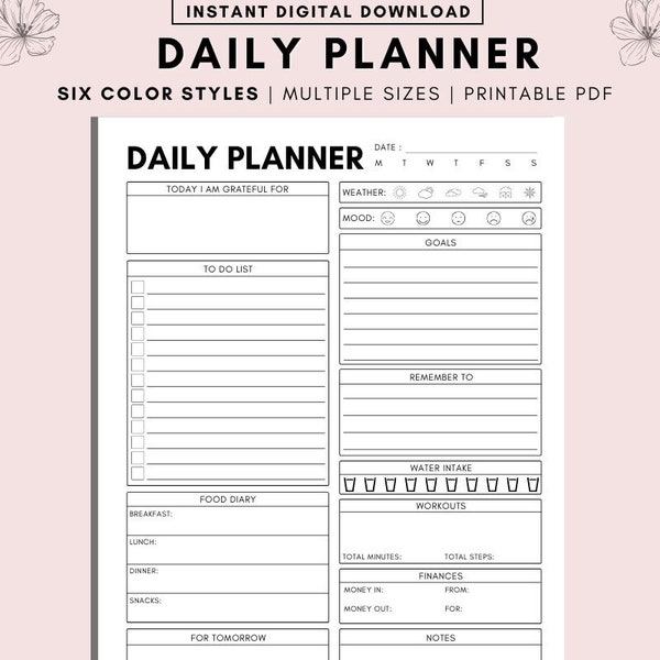 Undated Daily Planner Printable, Daily Planner Template Daily Planner Notepad, Daily Digital Planner, Adult ADHD Planner, A4 A5 LETTER PDF