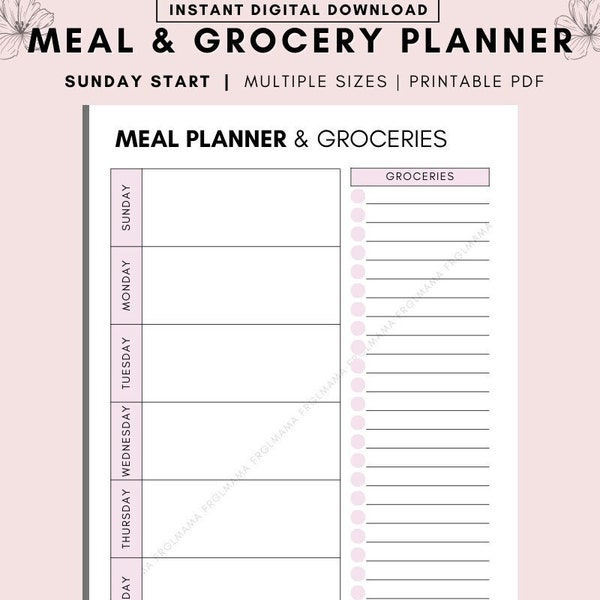 SUNDAY START Meal Planner and Groceries Planner, Weekly Menu Planner, Meal Prep, Health Planner, Grocery List Printable, Fitness Planner