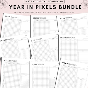 A Year In Pixels Printable Yearly Mood Tracker Year in Pixels, Steps Tracker, Sleep tracker, Anxiety Tracker, Water Tracker, Reading Tracker