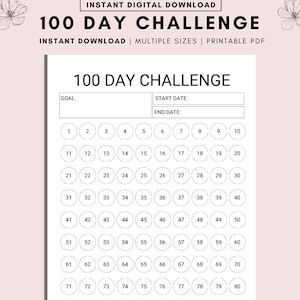 Pianificatore stampabile della sfida di 100 giorni, calendario del conto alla rovescia, diario del fitness, miglioramento personale, sfida per la perdita di peso, conto alla rovescia per il matrimonio, PDF