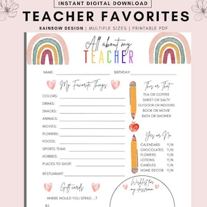 Printable Teacher Questionnaire, Getting to Know You Questionnaire, Getting to Know You Printable, Teachers Favorite Things, Back to School