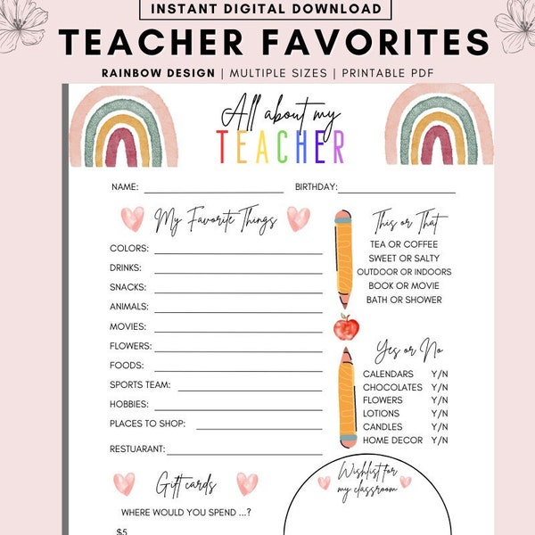 Printable Teacher Questionnaire, Getting to Know You Questionnaire, Getting to Know You Printable, Teachers Favorite Things, Back to School