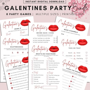 May include: Printable Galentine's Party game bundle with 8 different games. Each game features a red lip design and includes fun questions and prompts for a girls' night in. The games include: Drink If, Scattergories, Never Have I Ever, What's On Your Phone, Word Scramble, This or That, Most Likely To, and Finish the Phrase.