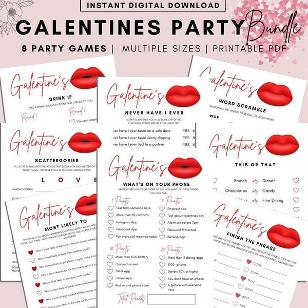 Galentine's Day Spiele - 8 druckbare Spiele für Kinder und Erwachsene - Galentines Day Zoom Party Pack - Galentine's Day Aktivitäten Sofortiger Download