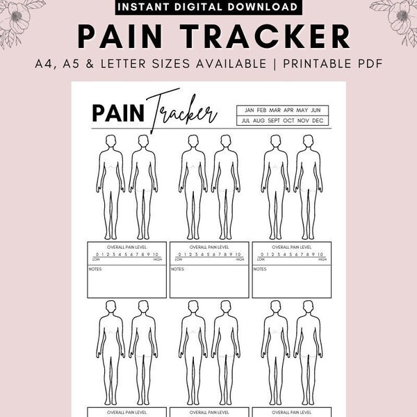 Printable Pain Tracker,  Chart Monthly Symptom Frequency & Severity, Instant Download A4, A5, LETTER, PDF