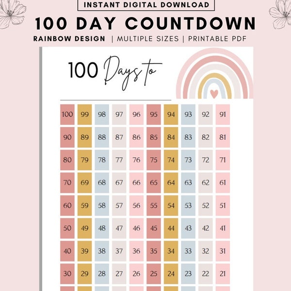 100 Day Countdown Printable Planner, Countdown Calendar, Fitness Journal, Self Improvement, Weight Loss Challenge, Wedding Countdown, PDF