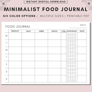 Printable Food Journal: Minimalist Weekly Calorie Tracker (A4 A5 Letter PDF)