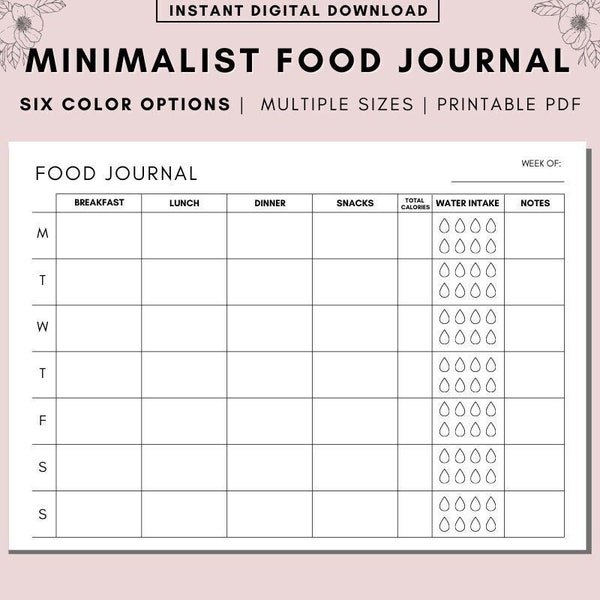 Printable Minimalist Food Journal, Weekly Food Journal with Hydration Checklist, Daily Food Journal,Daily Calorie Counting, A4 A5 LETTER PDF