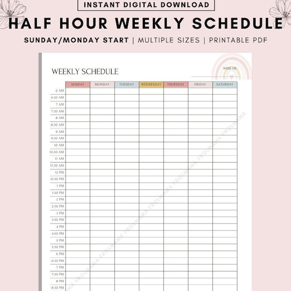 Rainbow Half Hour Weekly Schedule, Weekly Planner Printable, Weekly To Do List, Weekly Agenda, Sunday & Monday Start, 6AM to Midnight Week