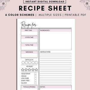 Recipe Sheet Printable, Recipe Binder, Recipe Instructions, Printable Recipe Cards, Recipe Page, Meal Ideas, New recipe List, Planner A4 PDF