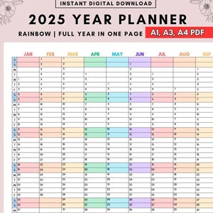 2025 Year Planner - Yearly Planner on 1 Page Landscape, Vertical Planner Calendar, Minimalistic Calendar Printable, Year Planner, A1,A3,A4