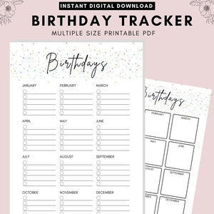 Pode incluir: Rastreador de aniversário imprimível com fundo de confete. O rastreador é dividido em meses com linhas em branco para escrever nomes e um círculo para marcar os aniversários.