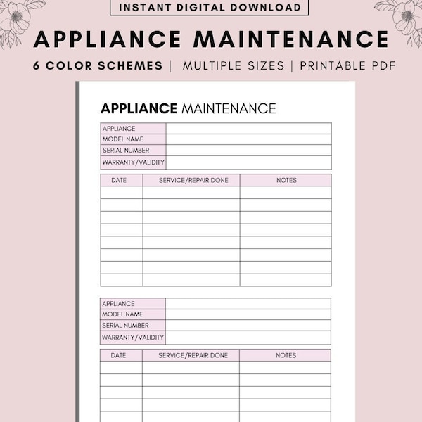 Appliance Maintenance Log and Tracker for Home Organization, Printable Home Management Binder, Home Printables, A4 A5 Letter PDF