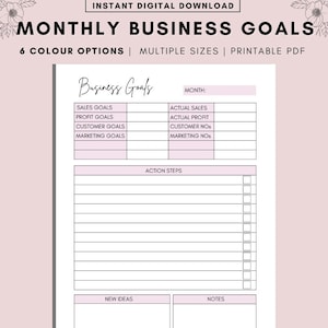 Monthly Business goals printable, Direct sales goals, Small Business Goal Planning, Home Business, Goal Worksheet, Online Business A4 A5 PDF