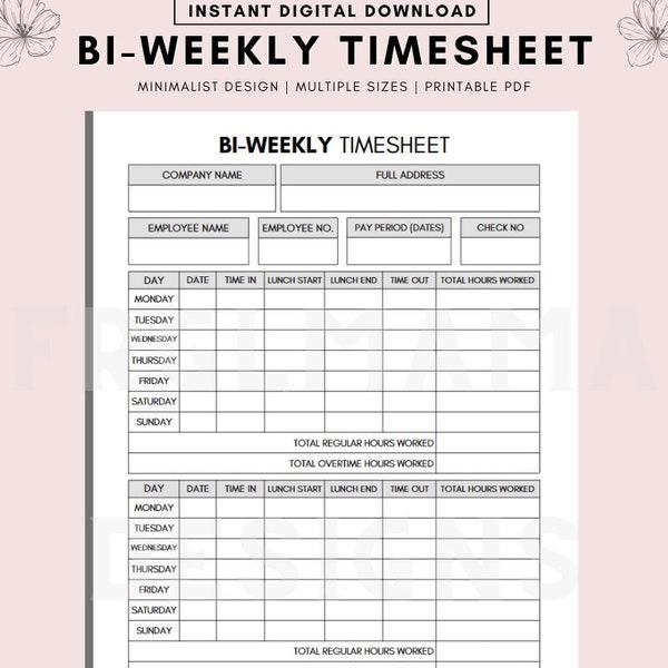 Employee Time Sheet Printable, Timekeeping Sheet, Printable Timesheet, Time Card, Time Tracker, Time Log, Work Schedule Tracker, Work Log