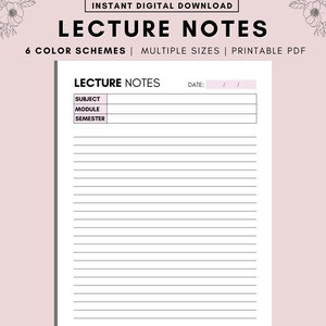 Printable Lecture Notes, Lined Notes for School and College Planners, Print at Home College Student Lined Note Taking Pages, A4 A5 LETTER