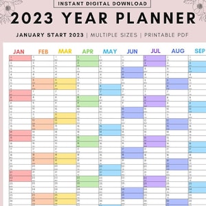 2023 Year Planner - Yearly Planner on 1 Page Landscape, Vertical Planner Calendar, Minimalistic Calendar Printable, Year Planner, A3,A4,A5