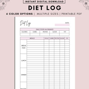 Diet Log, Diet Tracker Printable, Food Diary Printable Food Journal Daily Calorie Tracker Daily Calorie Counting Food Diary, A4 A5 LETTERPDF