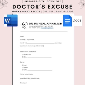 Modèle d&#39;excuse du médecin, excuse du médecin pour le travail, lettre d&#39;excuse du médecin, note du médecin pour le travail, notes du médecin
