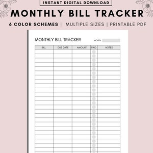 Monthly Bill Tracker Printable | Bill Payment Tracker | Bill Pay Checklist Organizer | Budget Planner | A4 A5 US Letter | Instant Download