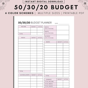 50/30/20 Budget Overview Template Printable, Monthly Budget Planner 50/30/20 Rule, Income & Expense Money Management Worksheet, Cash Flow