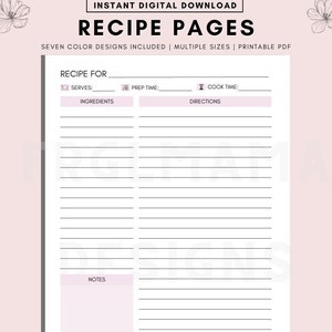 Printable Recipe Page, Recipe Card, Recipe Sheet, Recipe Sheet Printable, Recipe Binder, Recipe Instructions, Printable Recipe Cards