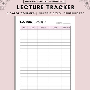 Puede incluir: Un rastreador de conferencias imprimible con columnas para la fecha, la clase, la conferencia, el tema y visto. El rastreador tiene un diseño simple con líneas negras y fondo blanco.