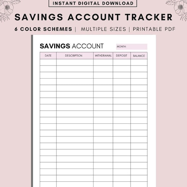 Savings Account Sheet Printable, Personal Savings Tracker, Financial Planning, Print at Home Savings Log, Money Saving Goals, A4 A5 Letter