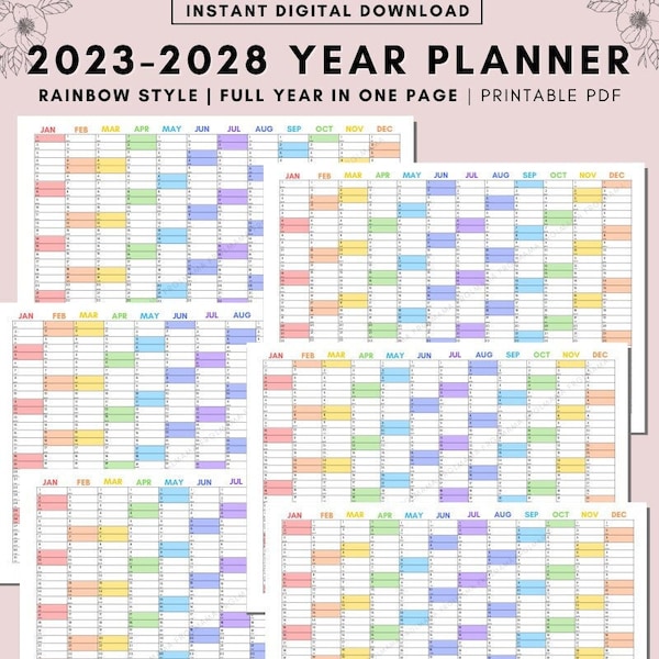 2023 - 2028 Year Planner - Yearly Planner on 1 Page Landscape, Vertical Planner Calendar, Minimalistic Calendar Printable, Year Planner