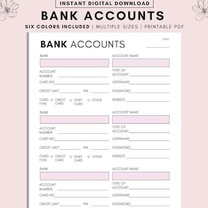 Bank Account Tracker Printable, Banking account, Bank Account List, Banking Account Log, Bank Account Details, Best Bank Account Tracker