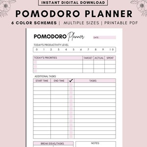 PRINTABLE POMODORO Planner, Pomodoro Timer, Productivity Planner Pages, Student Project Planner, Printable To Do List, Daily Pomodoro Time