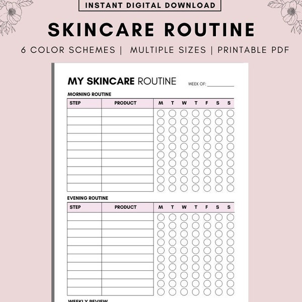 7 Day Skincare Tracker, Skincare Routine Printable, Self Care Planner, Morning Routine, Night Routine, Beauty Journal, A4, A5, LETTER, PDF
