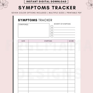 Könnte beinhalten: Ein druckbarer Symptom-Tracker mit einem leeren Feld für die Bedingung, einem Datum, Symptomen und einer Punktzahl. Der Tracker hat einen Abschnitt für die Schwere der Symptome mit Kontrollkästchen.