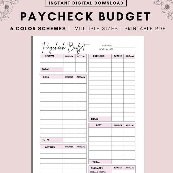 Paycheck Budget Overview Template Printable, Paycheck Budget Printable, Budget Binder, Budget Planner,  Budget Template  A4 A5 Letter PDF