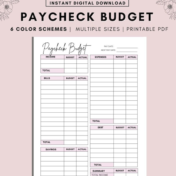 Paycheck Budget Printable: Weekly Budget Overview (A4, A5, Letter PDF)