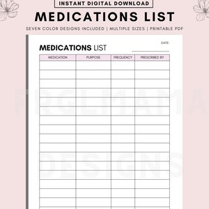 Printable Medication Tracker, Medication Log, Daily Medication Sheet, Medication List, Printable, Instant Download